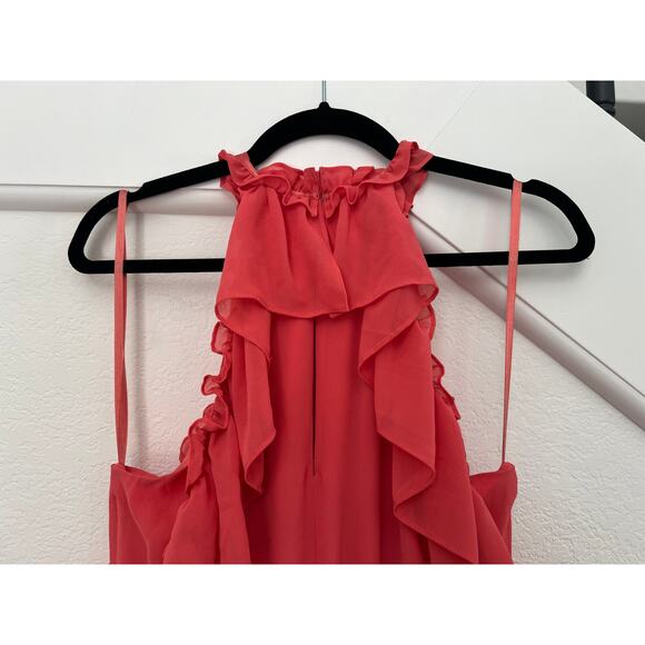 BCBG Pink Chiffon Halter Maxi Dress Womens Medium Event Wedding Coquette Ruffled - Picture 14 of 16